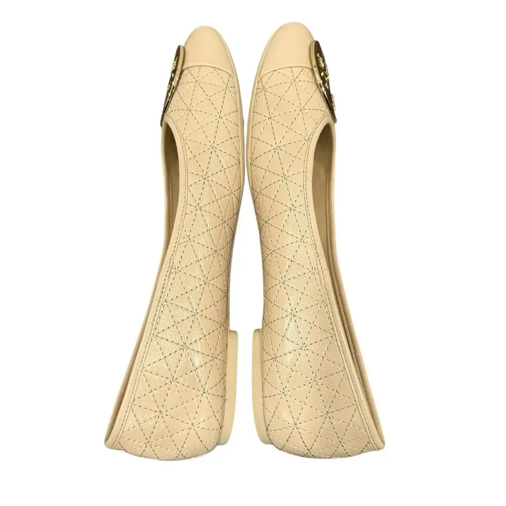 Tory Burch Claire Quilted Ballet Flats Beige Cap Toe Leather Size 8.5 Pristine
